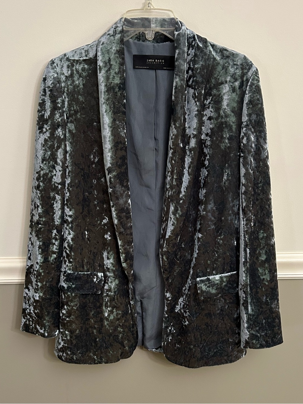 Zara Basic Collection Grey Crushed Velvet Open Blazer Pockets Extra Small